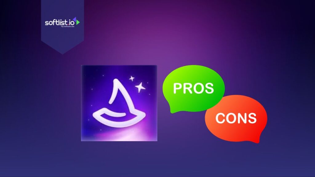 Wiza logo and pros and Cons graphics in a purple background.