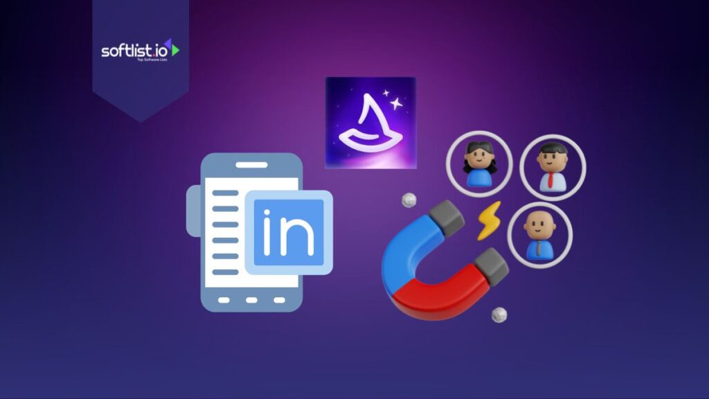 LinkedIn, Wiza logo, with magnet and people graphics.