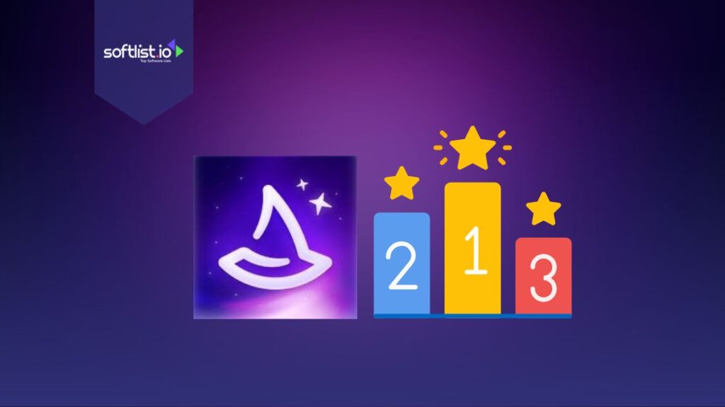 Wiza logo and competition podium with numbers 1-3 with stars on a purple background