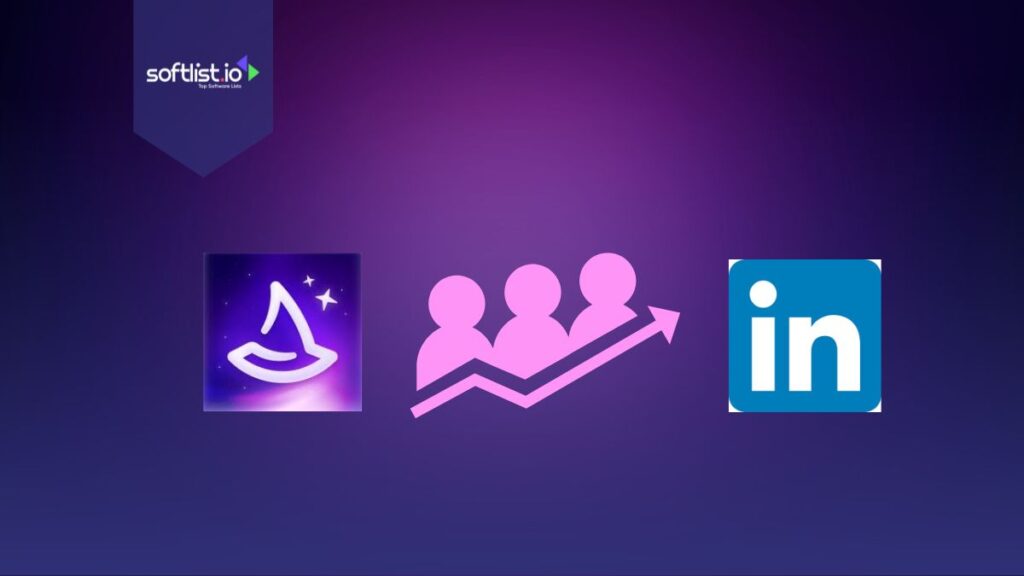 Wiza, LinkedIn logo, and people under arrow up graphics in purple background