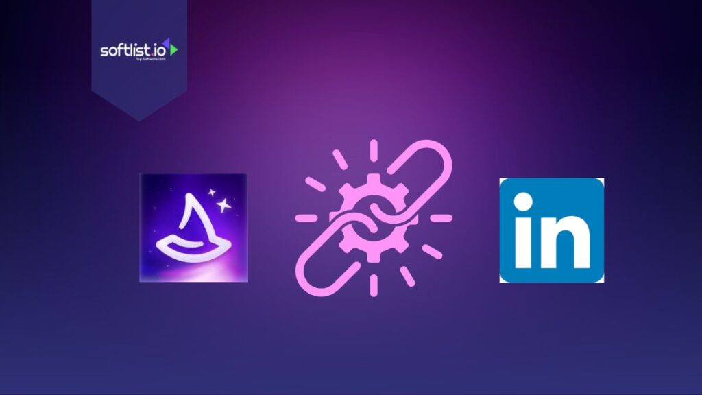Wiza and LinkedIn logo with chain and gear graphics in purple background