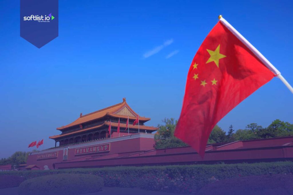 Chinese flag waving in front of a historic landmark