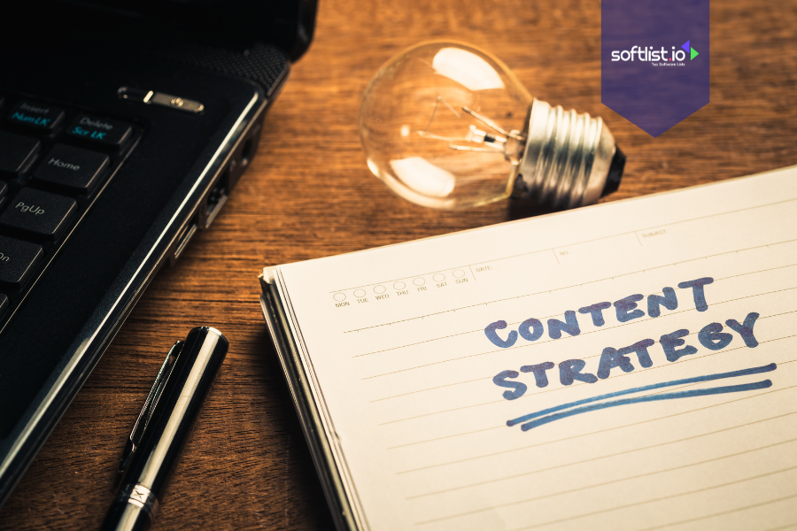 Notebook with “Content Strategy” written on it beside a laptop and lightbulb, representing niche website valuation planning.