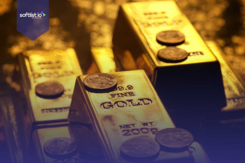 Gold bars and coins closely arranged