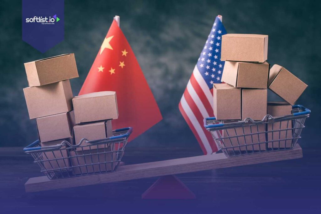 Shopping cart with Chinese and American flags filled with packages