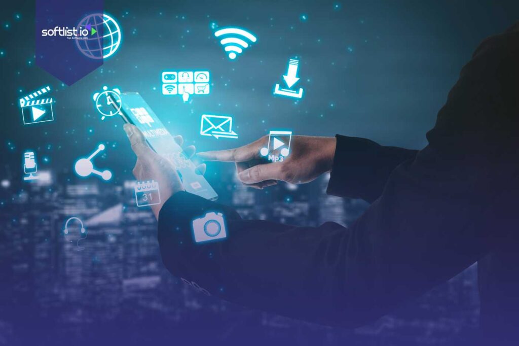 Businessperson using futuristic interface with financial icons