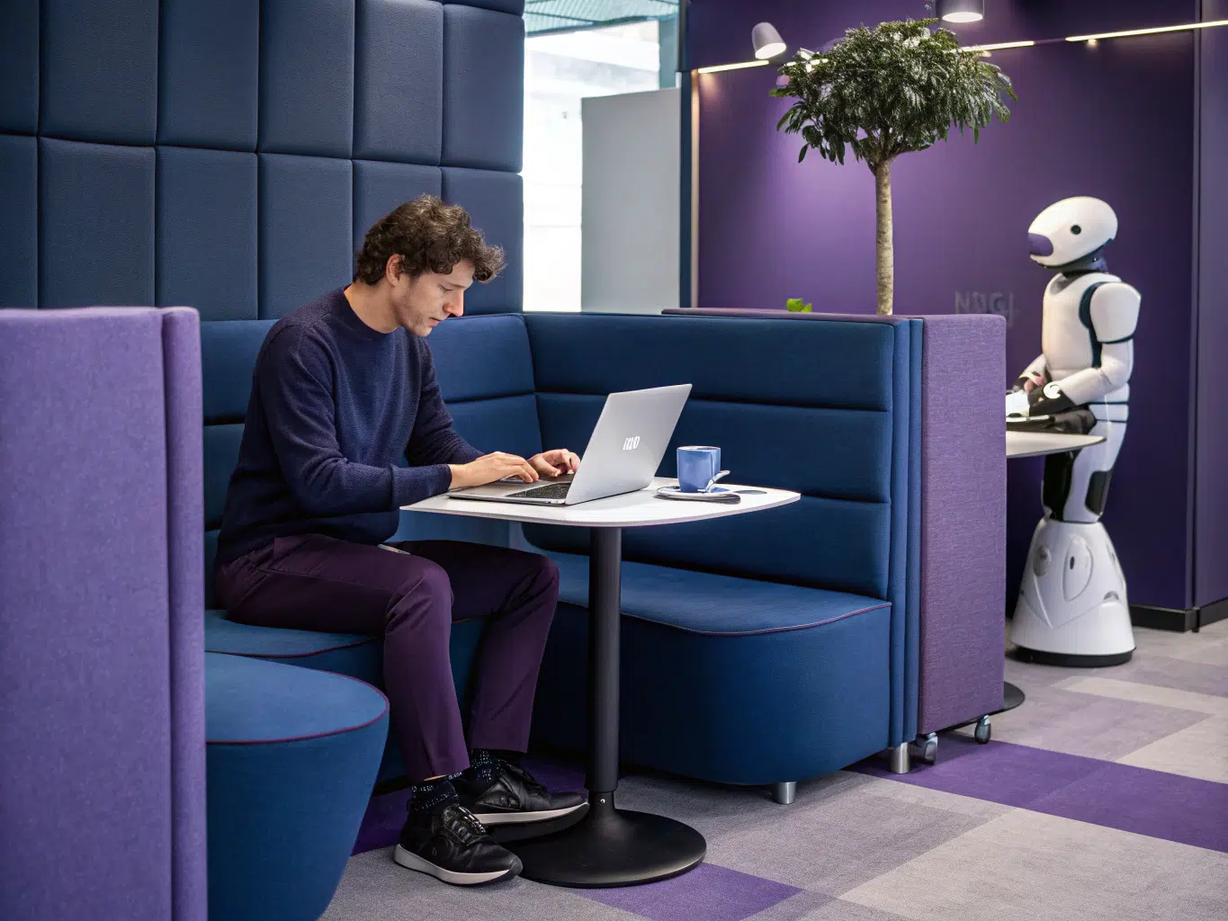 Professional analyzing backlink index size and usability SE Ranking and Ahrefs on laptop with robot.