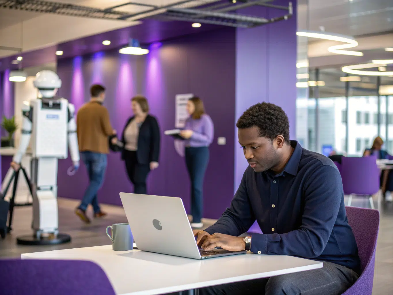 Professional works on laptop in modern office while robot assists nearby team.