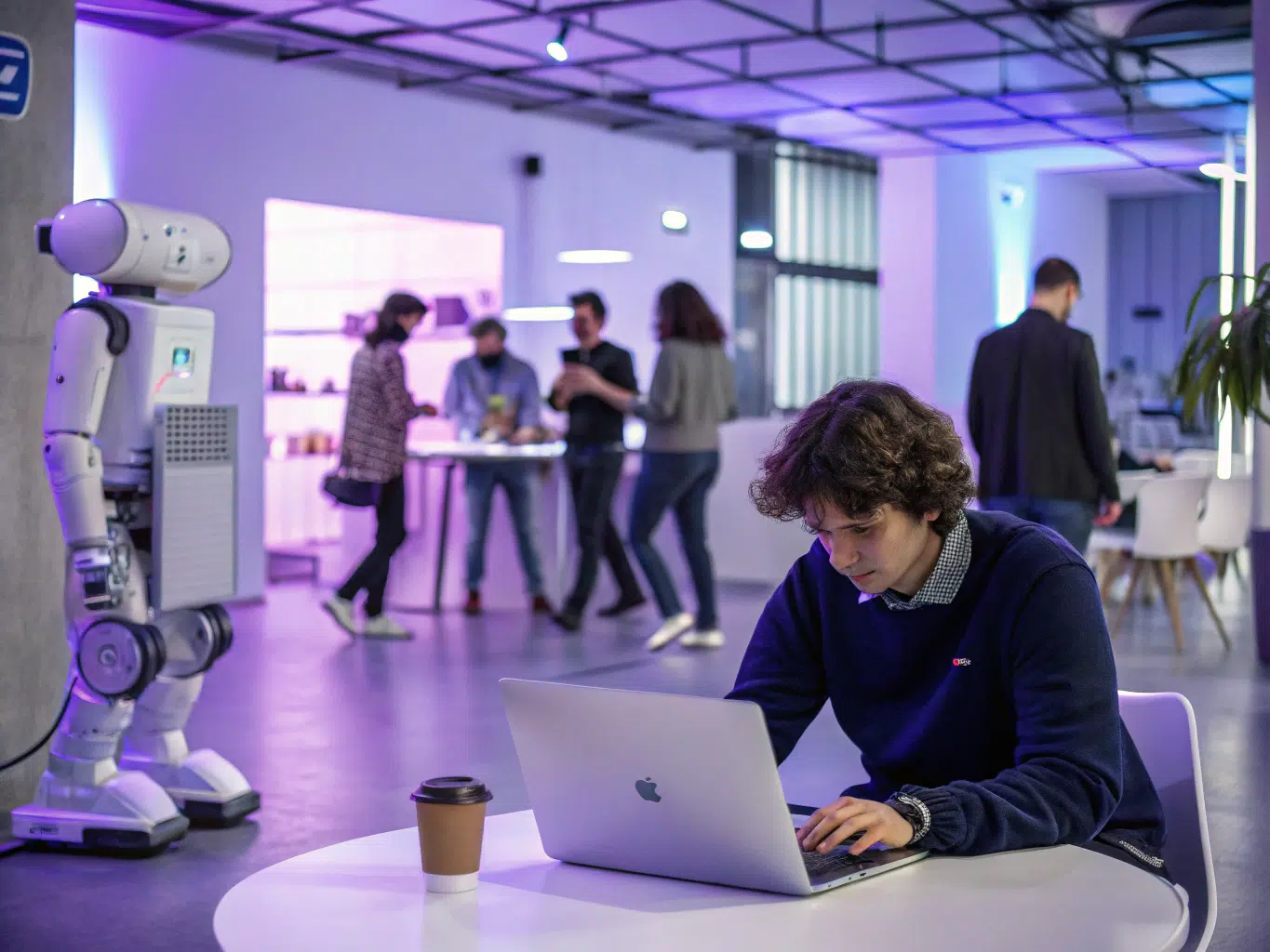 Employee using laptop with robot assistant demonstrating throughput and productivity gains.