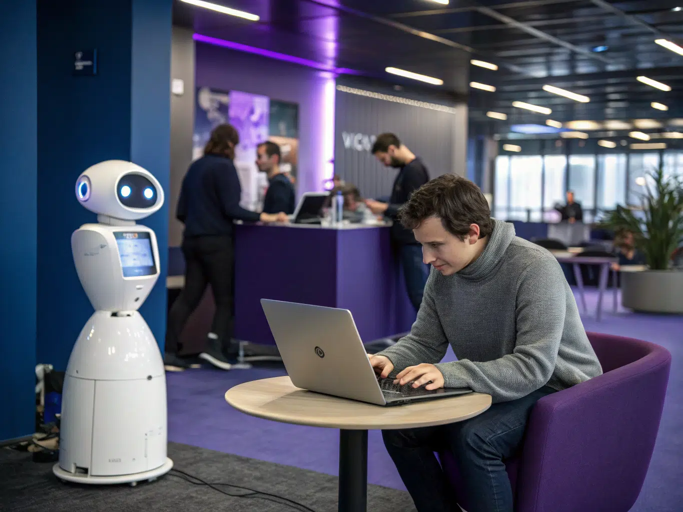 Employee uses laptop as service robot supports CRM-driven customer interactions.