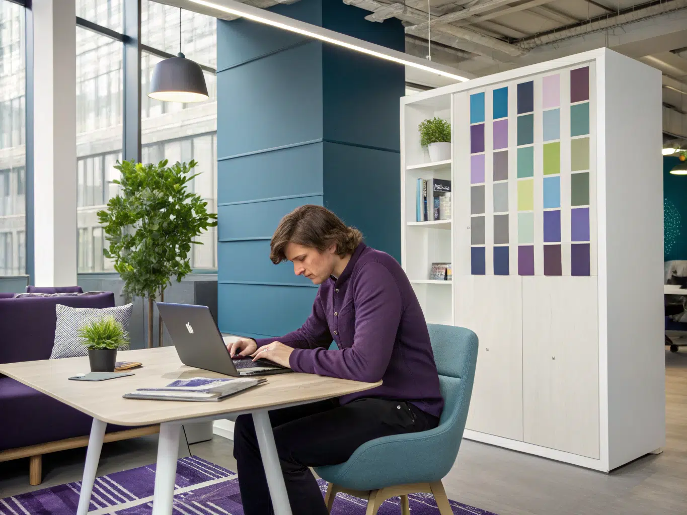 Marketer planning campaigns with Semrush Content Marketing Toolkit in office.