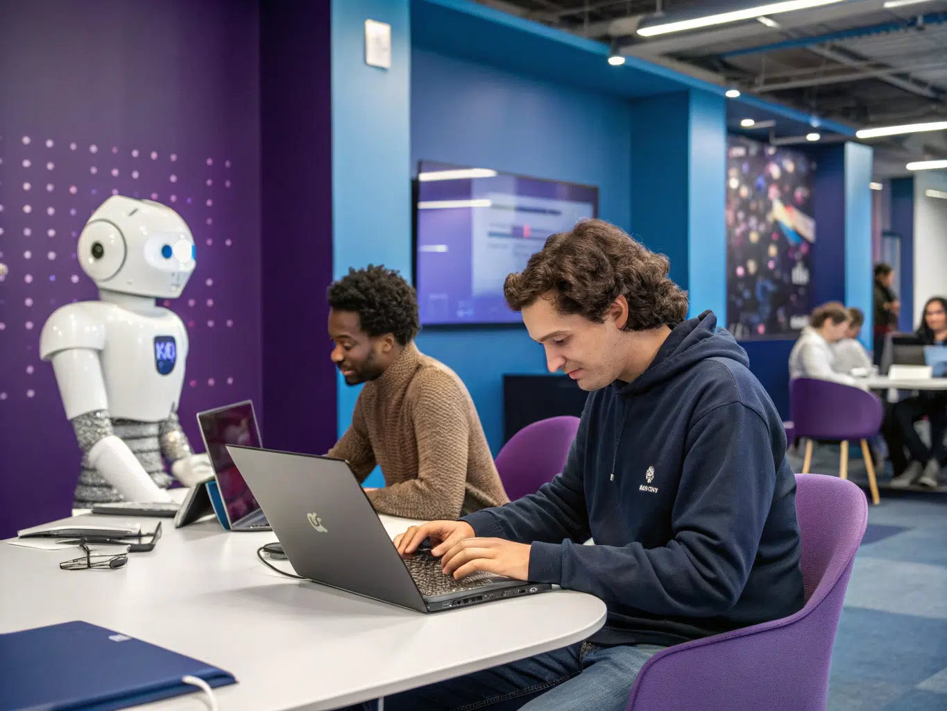 Enterprise marketers analyze SEO data beside robot in high-tech workspace.