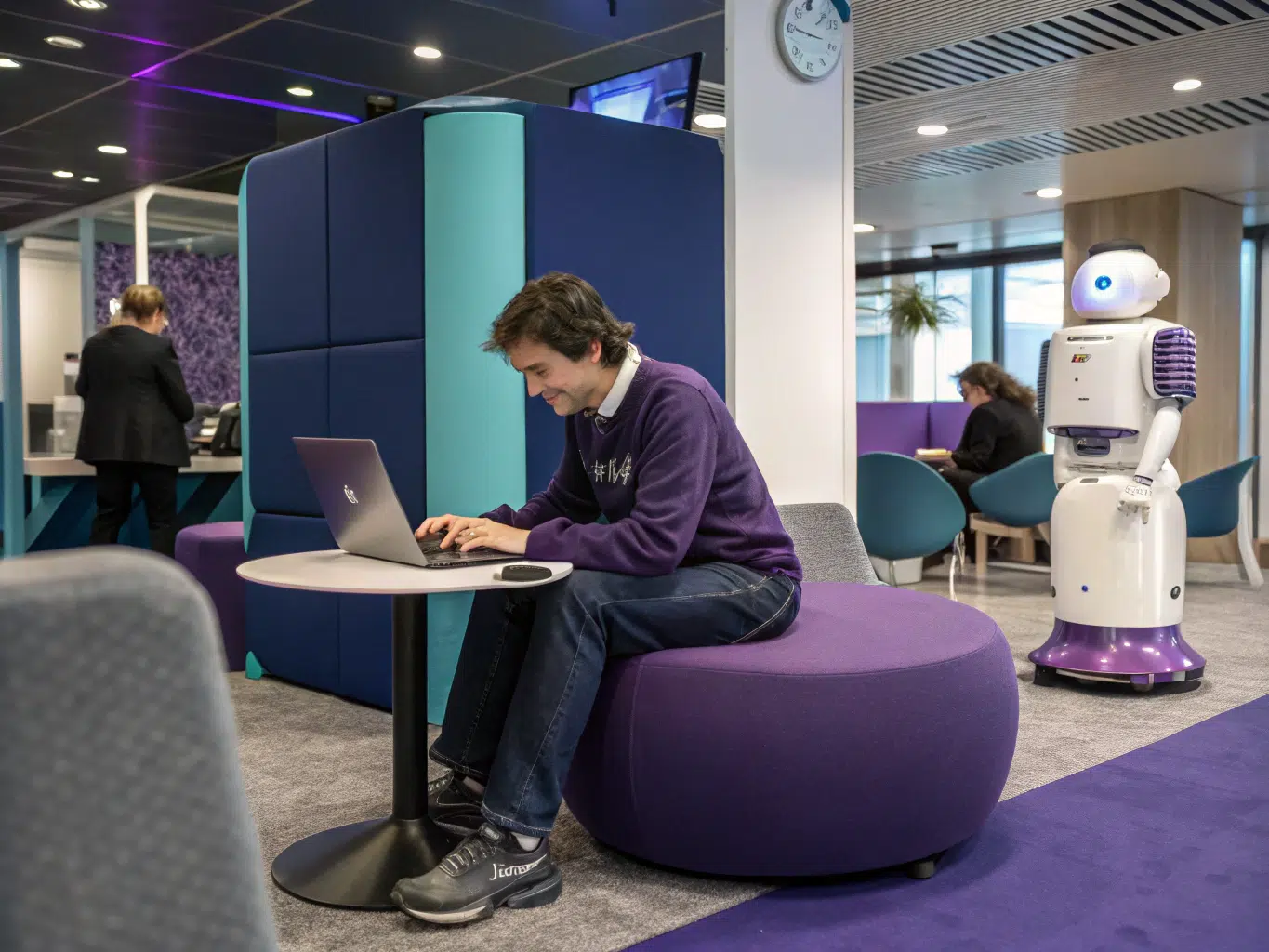 Man using laptop in modern office with robot, representing AI writing tools.