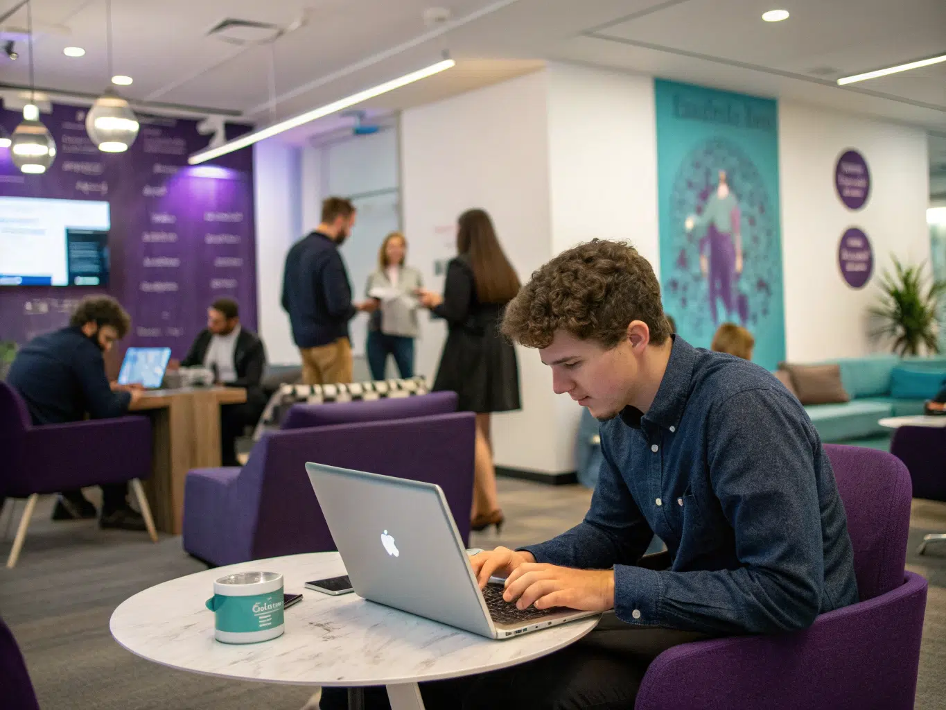 Office team collaborating on laptops while discussing GPS tracking system.