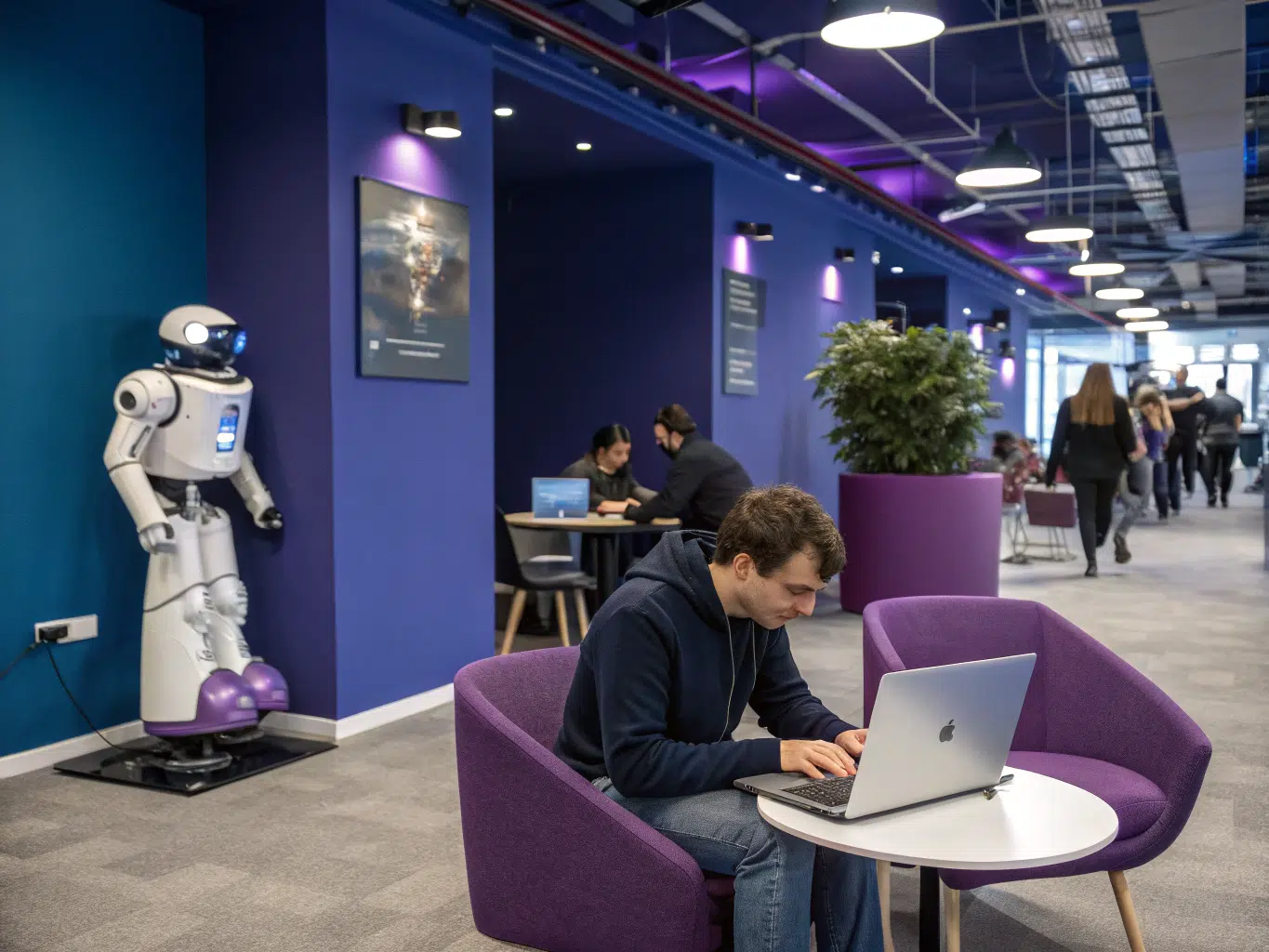 An ultra photorealistic image of a professional workspace featuring a person working intently on a laptop, surrounded by a vibrant and dynamic office atmosphere. Use the core color palette to enhance the scene the deep indigo of the walls, accents of royal violet in decor, and soft lilac furnishings. Include a robot collaborating with the person, showcasing advanced technology. In the background, depict colleagues engaged in various activities like walking, talking, or participating in a meeting, all while maintaining a focus on their work. The overall ambiance should convey simplified access to <a href=