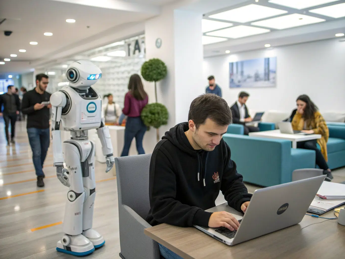 SEO specialist researches industry-specific strategies while office robot supports nearby.