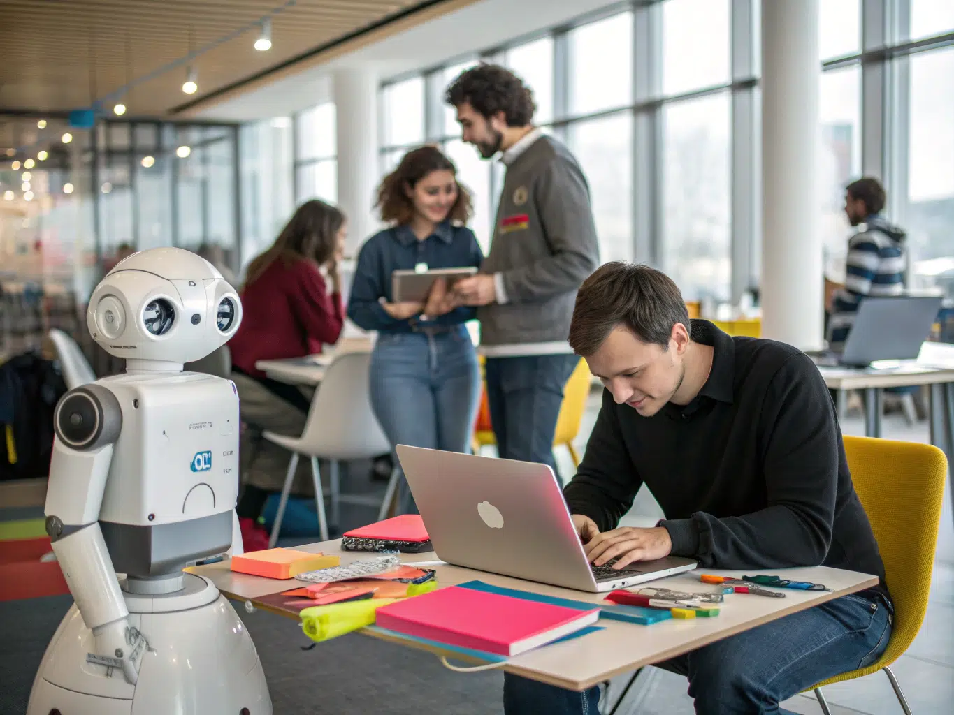 Designer refines AI-generated image styles and backgrounds alongside friendly robot.