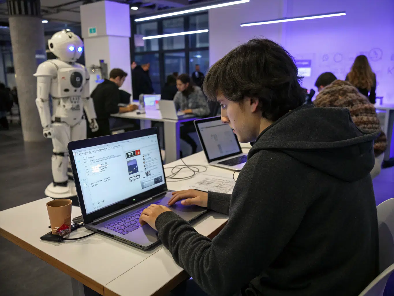 An ultra photorealistic scene showcasing a person intensely focused on wireframing and early design on a sleek laptop in a modern office environment. The workspace should be illuminated with subtle accents of the brand's color palette, featuring deep indigo (20125D) and royal violet (6C4BFA) elements in the decor and furniture. Include a robot collaborator beside the person, assisting with design tasks. In the background, colleagues engage in various activitiessome walking, others in discussions or working on their laptopscreating a dynamic yet collaborative atmosphere. The overall tone should inspire creativity and innovation in design.