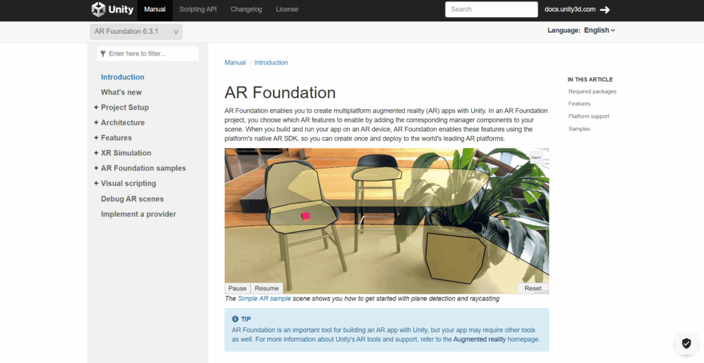 Unity with AR Foundation homepage