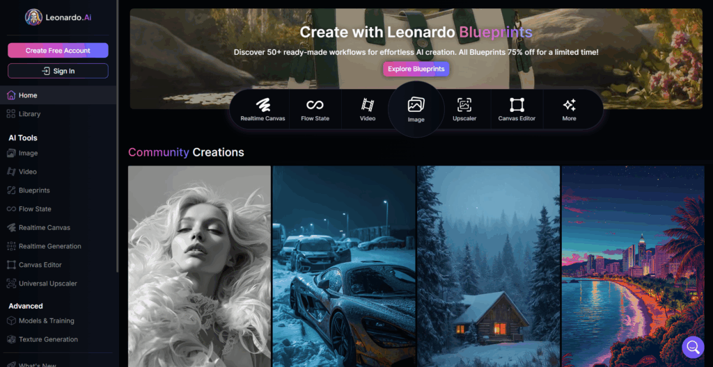 Leonardo AI homepage
