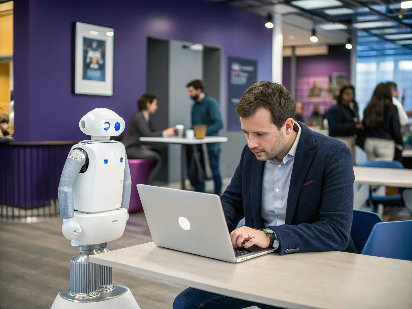 A professional using laptop with robot assistant in modern business workspace.