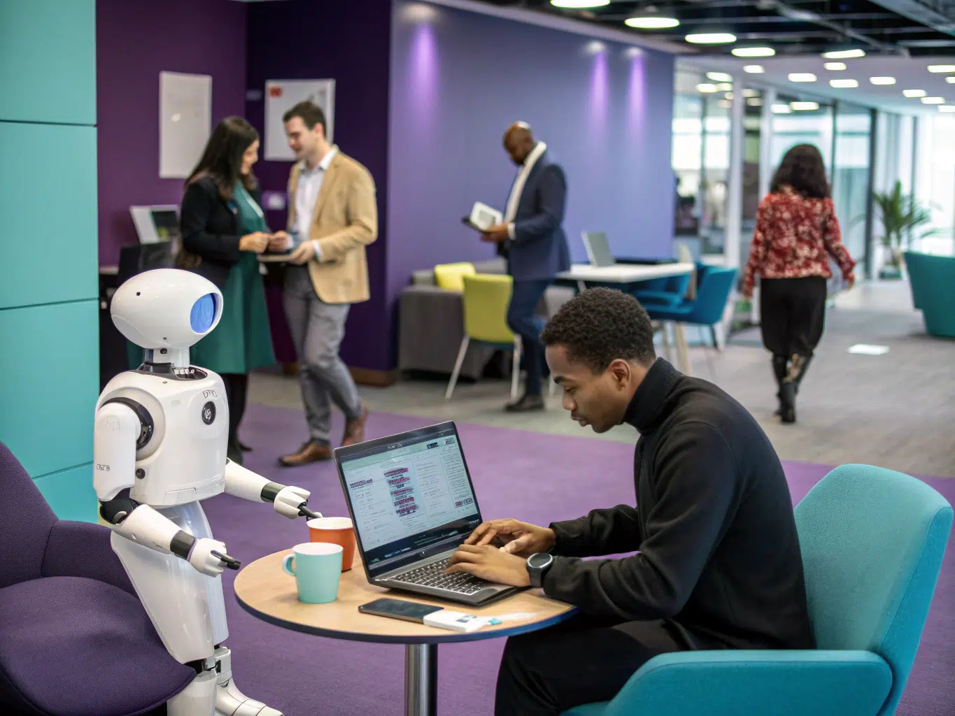 Professional researches leading full-service SEO agencies beside helpful office robot.