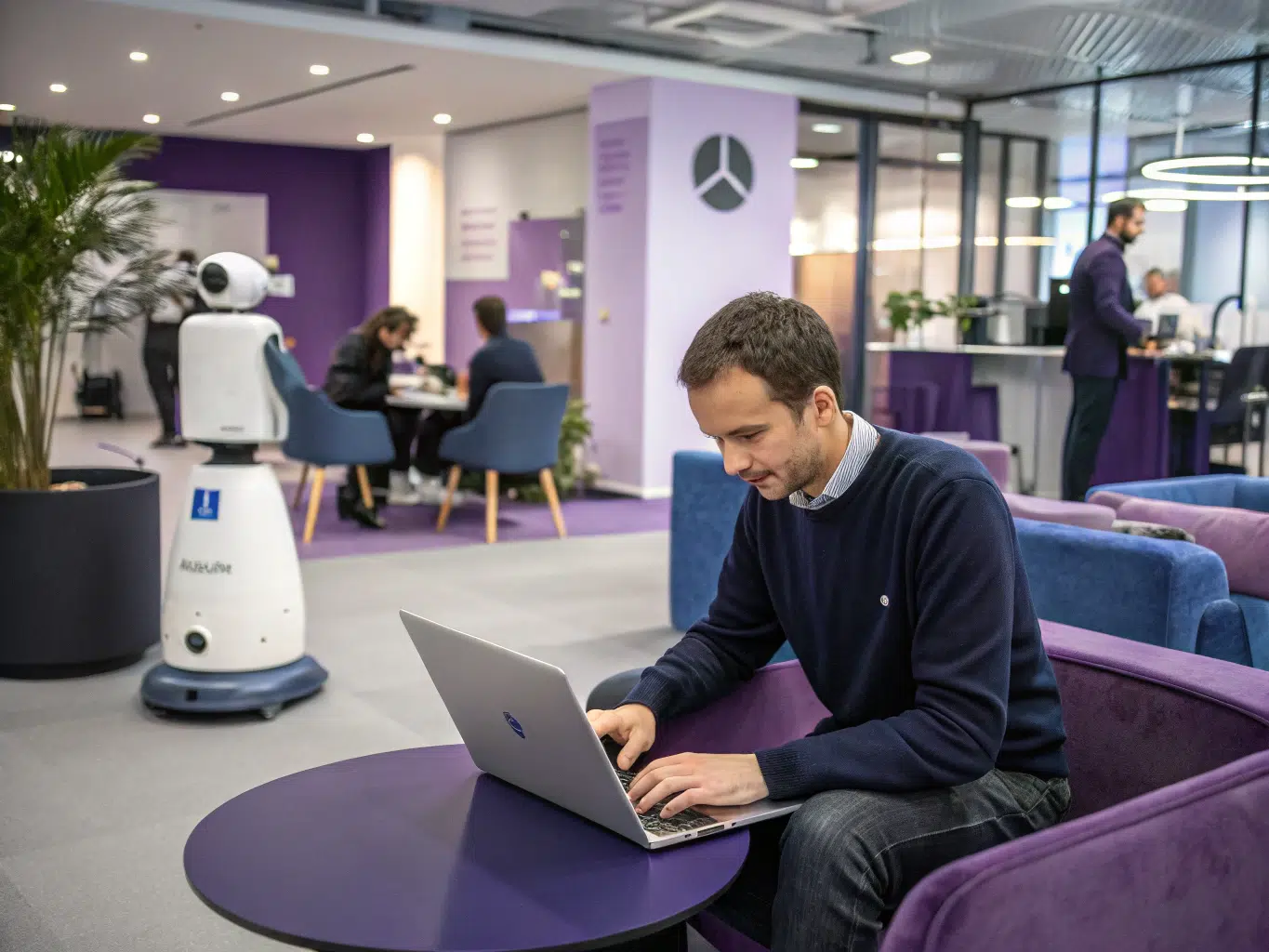 Modern office environment showcasing an ultra photorealistic scene where a professional, deeply focused on their laptop, embodies efficiency and productivity. The workspace is adorned with the brand’s core colors deep indigo accents on furniture, royal violet elements in decor, and soft lilac details on the walls. A robot collaborates seamlessly beside the individual, symbolizing advanced technology in supply chain management. In the background, colleagues engage in various activitieswalking, discussing, and working at their own laptopscreating a vibrant atmosphere of teamwork and innovation. The overall composition radiates a sense of organization and forwardthinking, ideal for large enterprises looking for the <a href=
