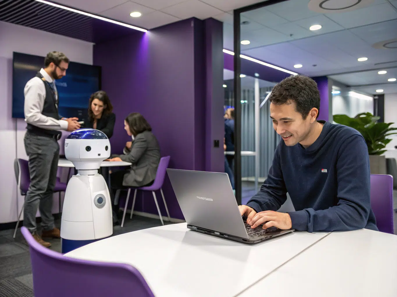 Man using laptop with robot assistant in office showing cost reduction.