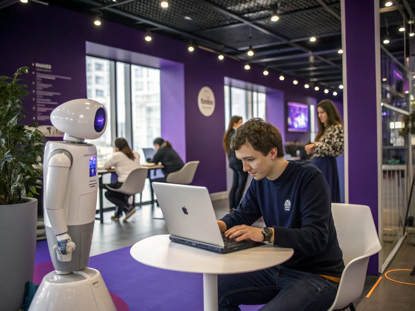 Man comparing AI software features and pricing matrix on laptop.