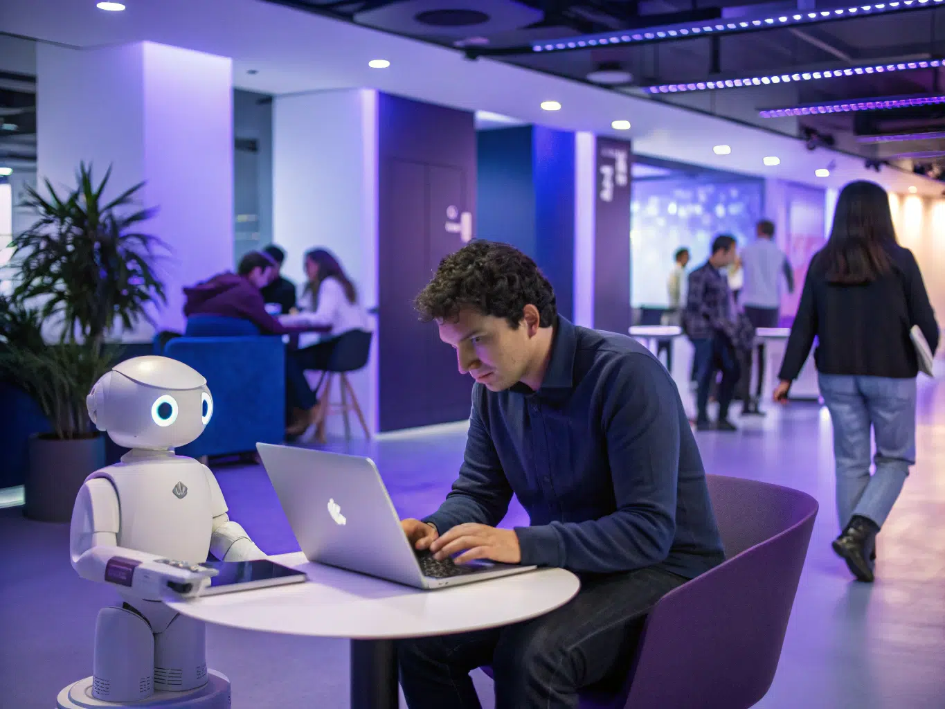 User testing software performance and offline mode alongside supportive office robot.