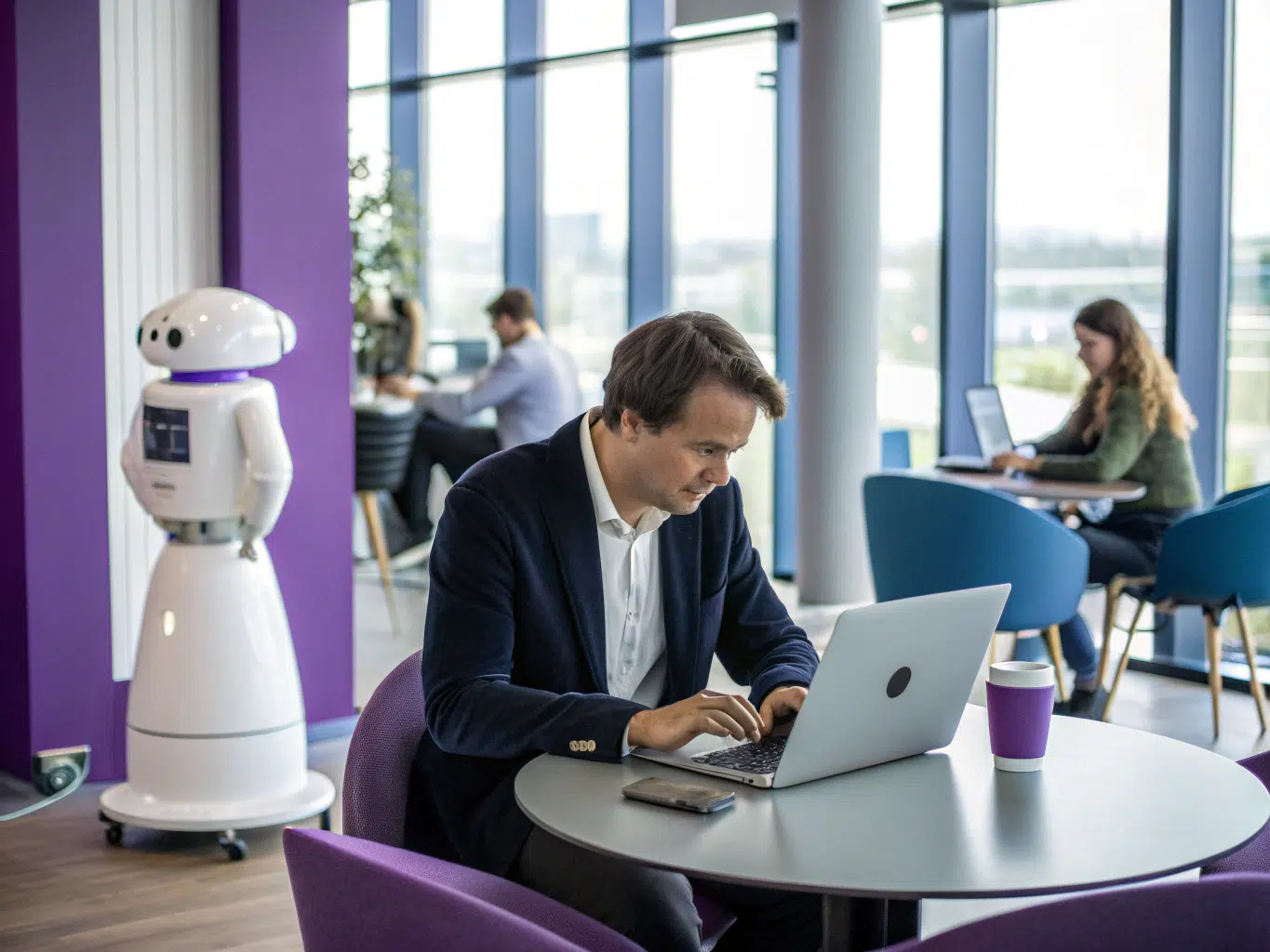 Man working on laptop near robot discussing GPS accuracy factors.