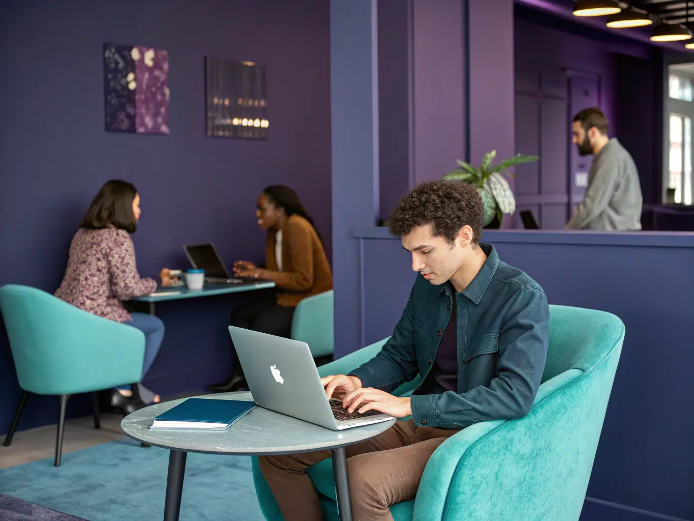 Professional configures PKI digital signature settings on laptop in lounge.