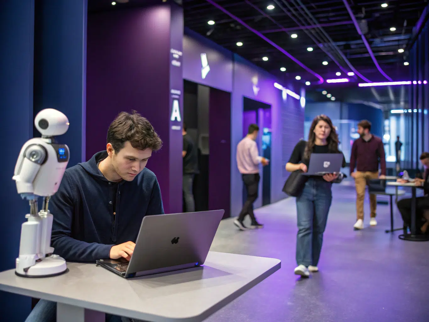Man using laptop beside robot in modern office discussing pricing.