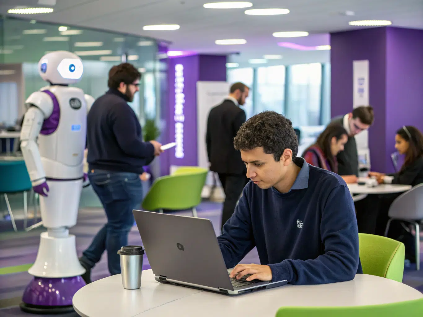 Employee tests process flow software on laptop in AI-enabled workspace.