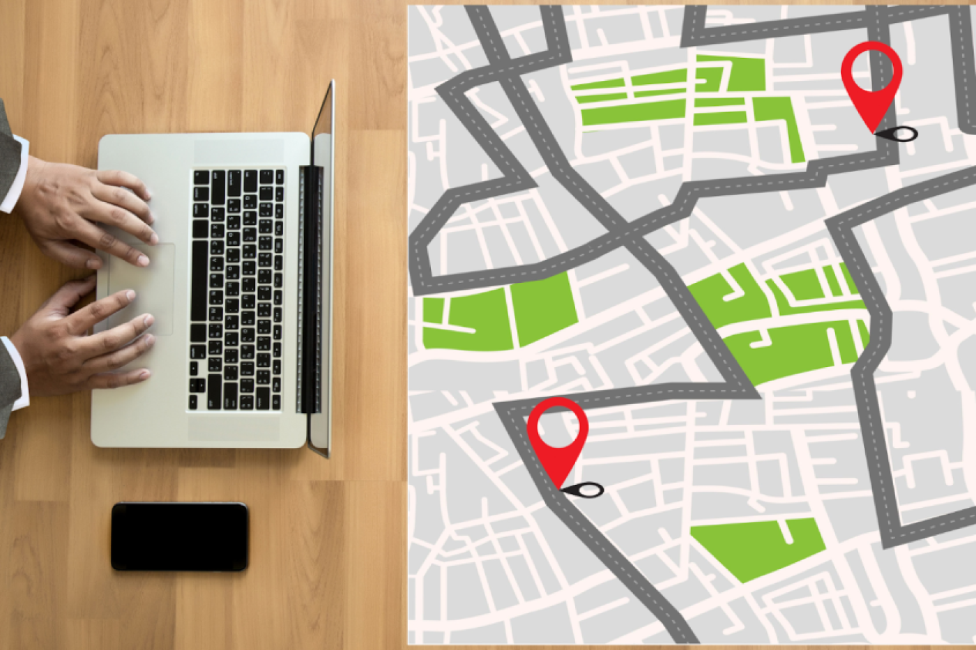 GPS App Clock Time Tracking on laptop and a map